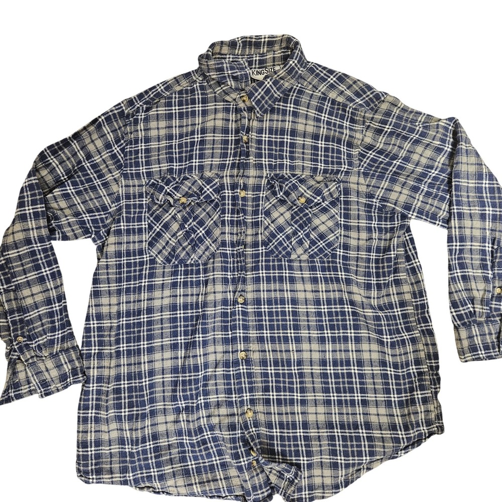 KingSize Shirt Mens XL Big Blue Plaid Flannel Button‎ Up Long Sleeve Casual